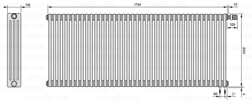 Схема (чертеж) Радиатор Zehnder Charleston 4200/39 №V002 Белый глянцевый RAL 9016